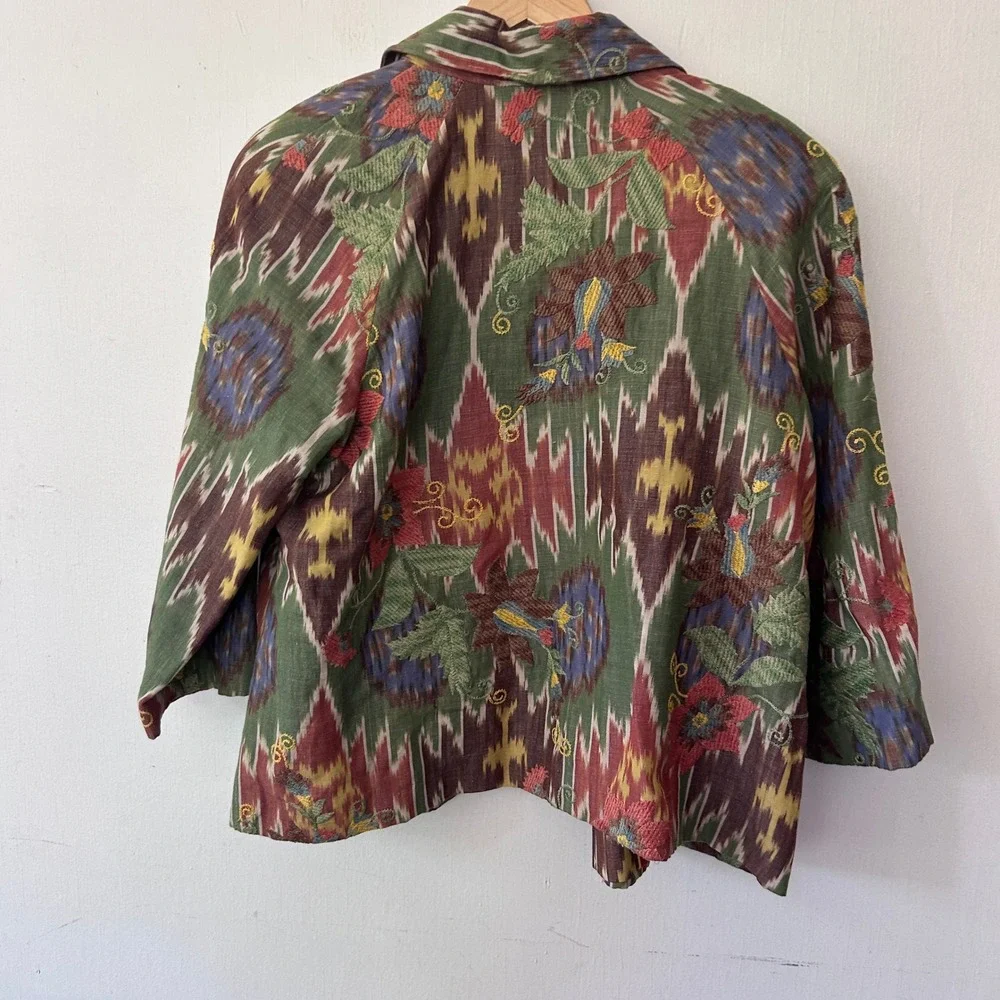Coldwater Creek Blazer Womens L Green Ikat Floral Embroidered Linen Boho Jacket